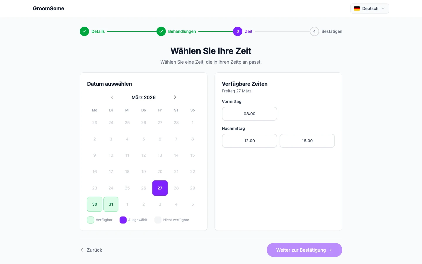 Online-Buchungsseite mit Sprachumschalter und Begrüßung in der Sprache der Besucherin