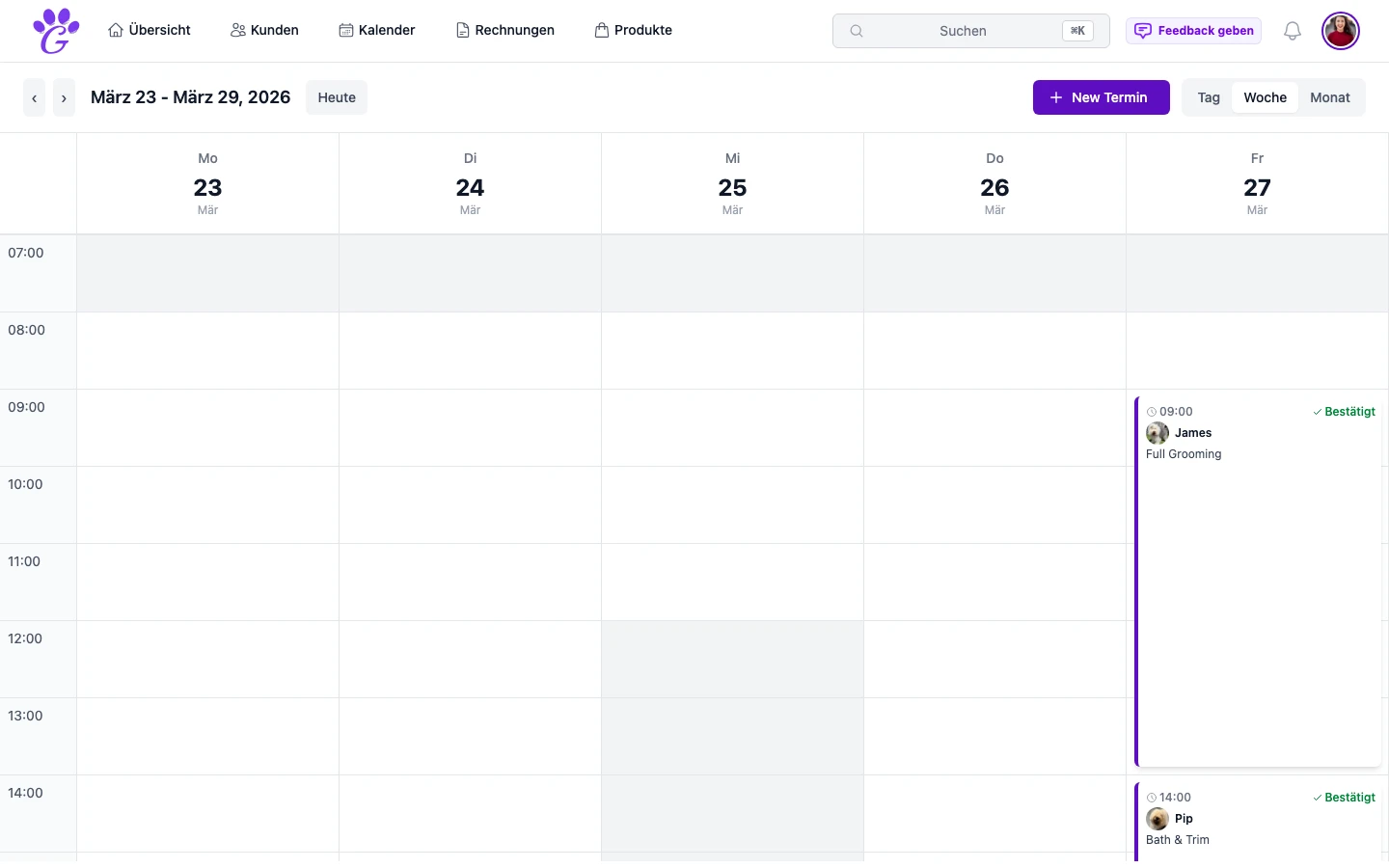 GroomSome-Terminkalender mit Wochenansicht und farblich markierten Terminen in einem Hundesalon