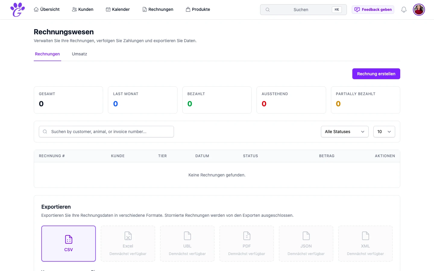 Rechnungsexport-Dialog in GroomSome mit Datumsbereich und MwSt.-Zusammenfassung