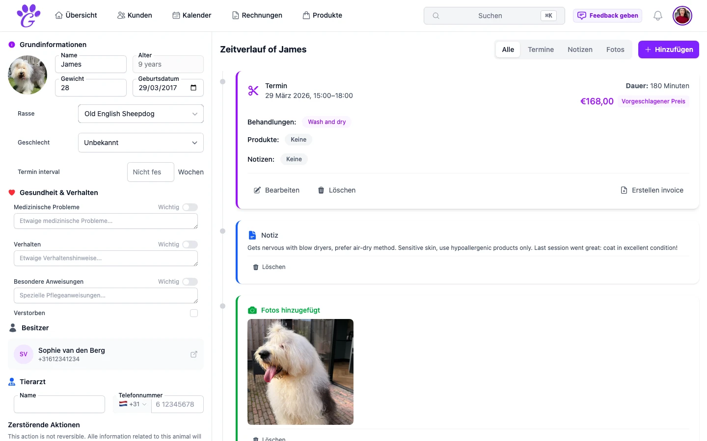 Tierprofil mit einer Galerie aus Vorher-nachher-Fotos der letzten Besuche