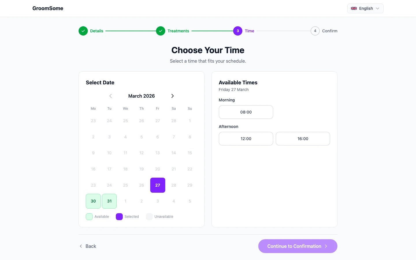 Online booking page with custom salon logo, brand colour, and contact information
