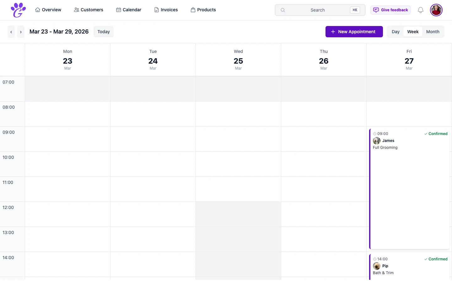 GroomSome calendar showing synced appointments from Google Calendar and Outlook