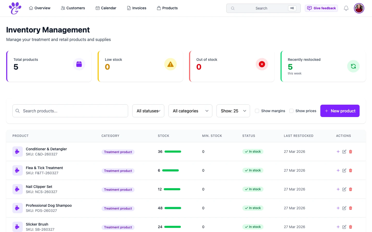 GroomSome product inventory with stock levels, supplier info and low-stock alerts
