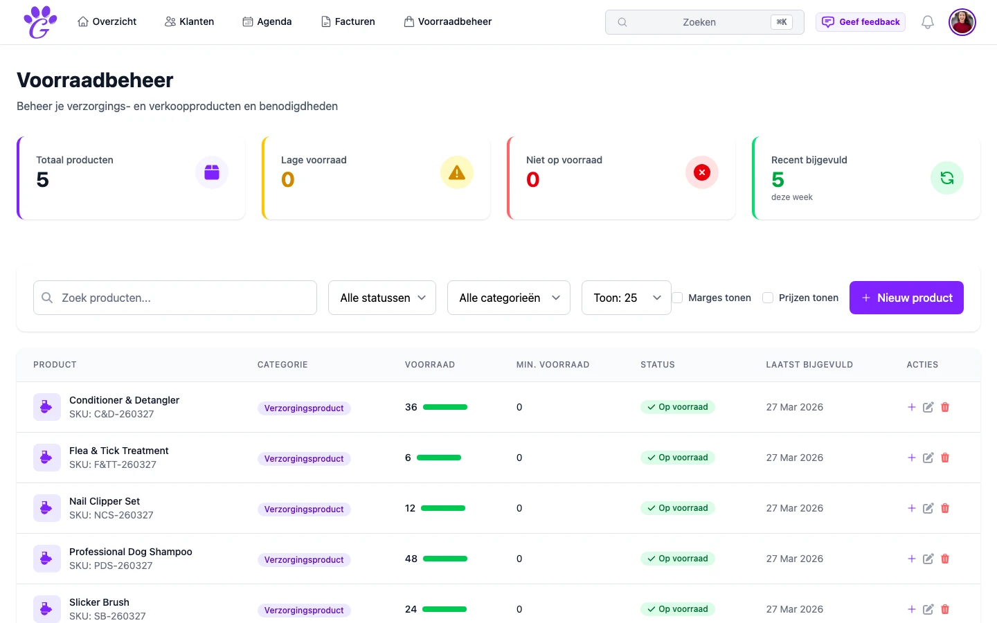 GroomSome-productcatalogus met voorraadniveaus, leveranciersinfo en lage-voorraadmeldingen