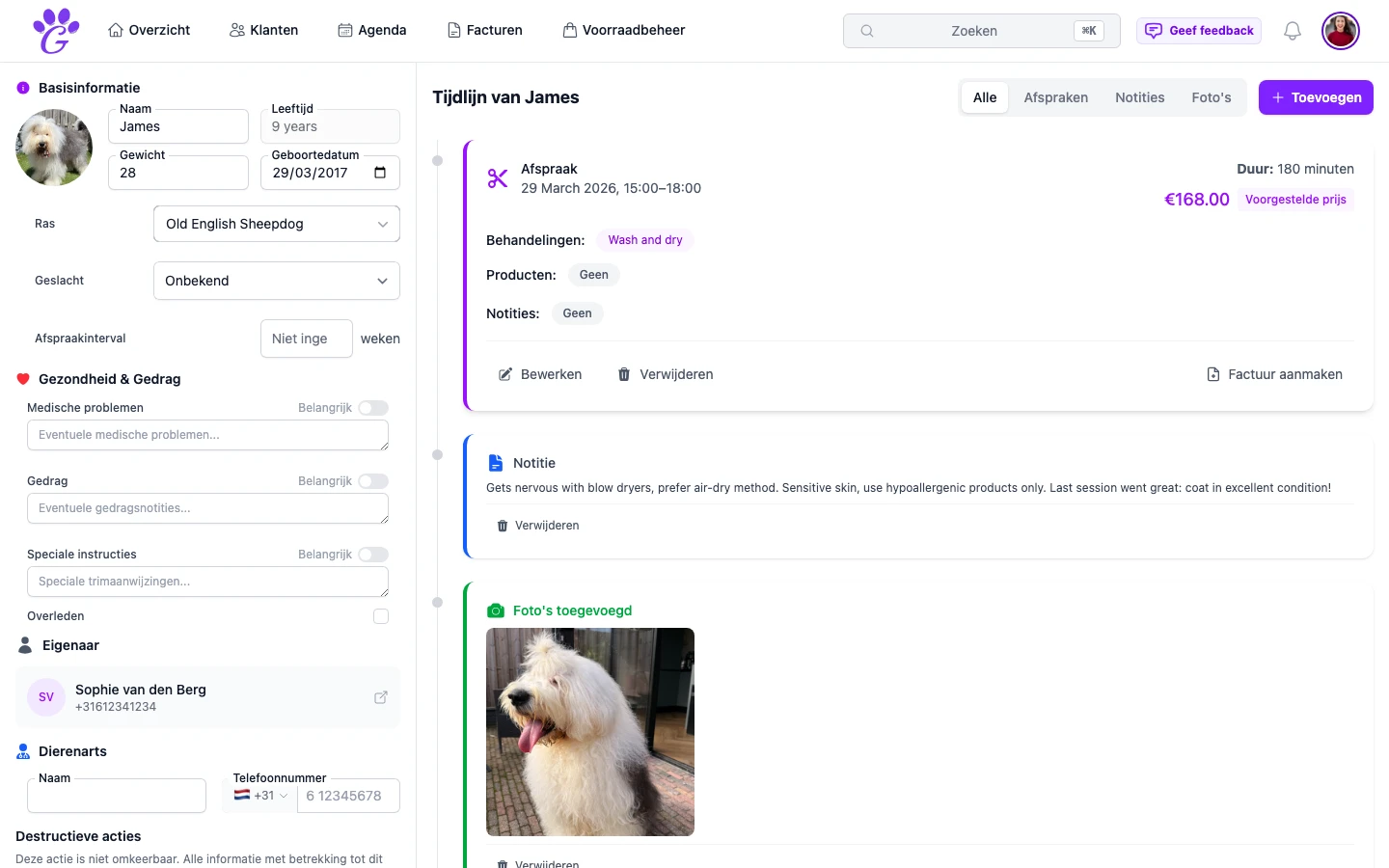 Dierprofiel met medische notities, allergiemarkeringen en gedragsaandachtspunten